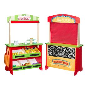 VEVOR Wooden Puppet Theater with Curtains, 2-in-1 Reversible Play Store, Double-Sided Grocery Store Playset with Chalkboard & Cash Register