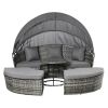 4 Pieces Patio PE Wicker Lounge Set, Rattan Garden Conversation Furniture Set, Round Sofa Bed with Canopy, Cushioned, Coffee Table, Grey