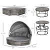 4 Pieces Patio PE Wicker Lounge Set, Rattan Garden Conversation Furniture Set, Round Sofa Bed with Canopy, Cushioned, Coffee Table, Grey