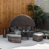 4 Pieces Patio PE Wicker Lounge Set, Rattan Garden Conversation Furniture Set, Round Sofa Bed with Canopy, Cushioned, Coffee Table, Grey