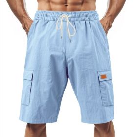 Loose Sports And Leisure Solid Color Linen Drawstring Shorts (Option: M-Light Blue with Label)