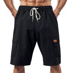 Loose Sports And Leisure Solid Color Linen Drawstring Shorts (Option: M-Black with Label)