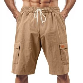 Loose Sports And Leisure Solid Color Linen Drawstring Shorts (Option: S-Brown with Label)