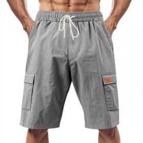 Loose Sports And Leisure Solid Color Linen Drawstring Shorts (Option: L-Grey with Label)