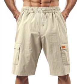 Loose Sports And Leisure Solid Color Linen Drawstring Shorts (Option: L-Khaki with Label)