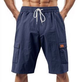 Loose Sports And Leisure Solid Color Linen Drawstring Shorts (Option: L-Dark Blue with Label)
