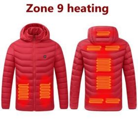 Men 9 Areas Heated Jacket USB Winter Outdoor Electric Heating Jackets Warm Sprots Thermal Coat Clothing Heatable Cotton jacket (Color: 9 Areas heated Red, size: 5XL)
