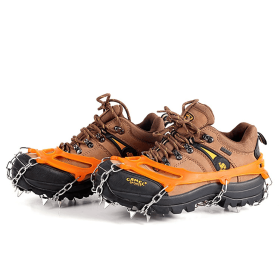1 pair Outdoor ice claw anti slip shoe cover hiking shoe nail chain stainless steel anti slip snow climbing anti fall shoe nail chain (Color: Orange, size: 13 teeth-L)