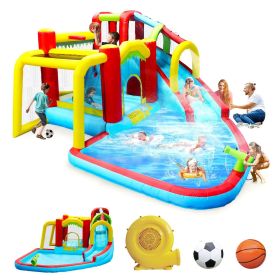 7 in1 Inflatable slide water park bouncing house outdoor Soccer garden bouncer with Splash pool & Water gun & Climbing wall & Basketball & Football (Color: as Pic)