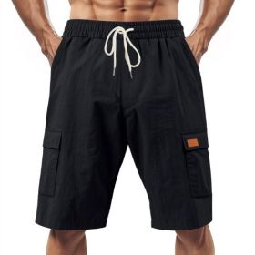 Loose Sports And Leisure Solid Color Linen Drawstring Shorts (Option: XL-Black with Label)