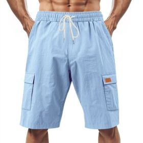 Loose Sports And Leisure Solid Color Linen Drawstring Shorts (Option: XXL-Light Blue with Label)