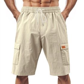 Loose Sports And Leisure Solid Color Linen Drawstring Shorts (Option: XXL-Khaki with Label)